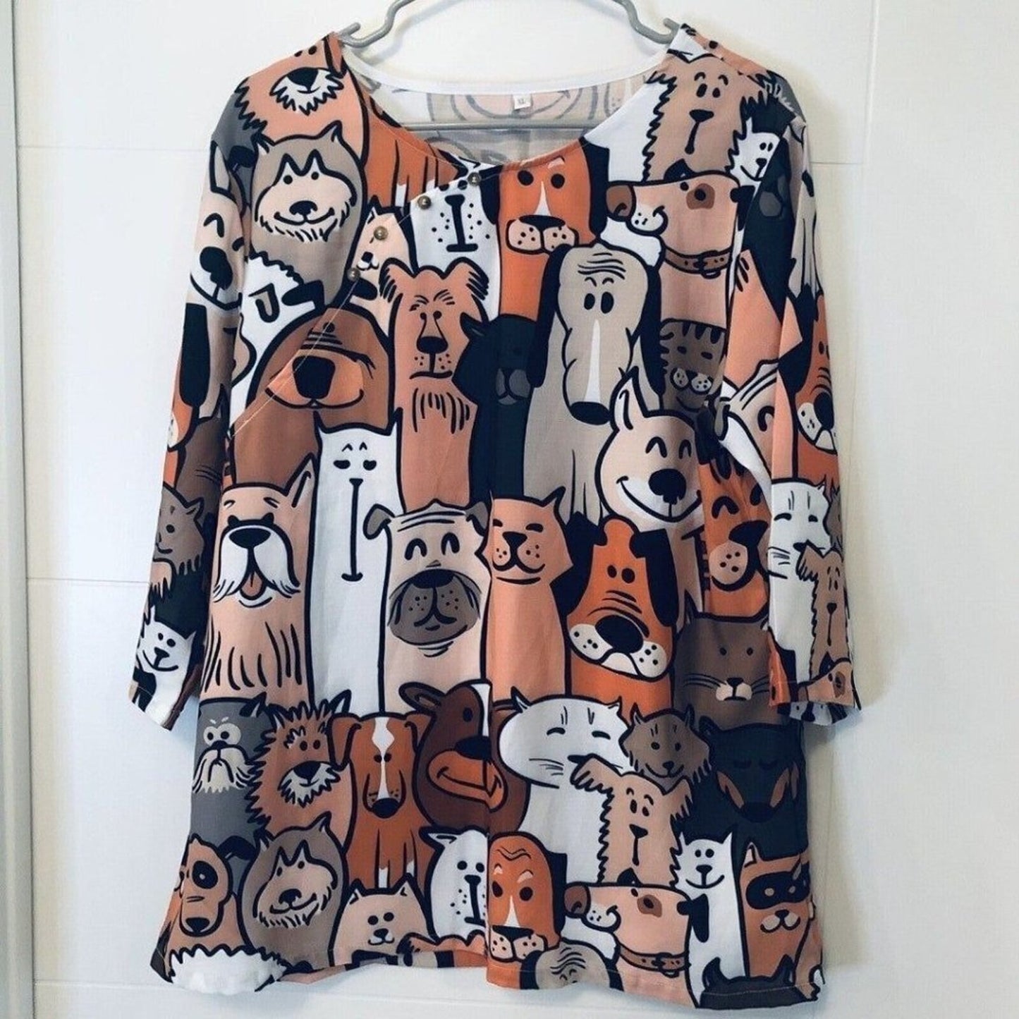 Dog and Cat Doodle Pattern Women's Fashion Blouse Size (XL) #BH