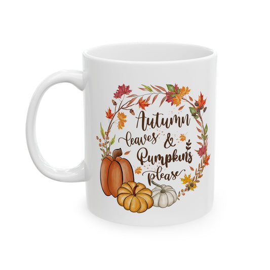 Coffee Mug - Autumn Artistic Ceramic Mug – Fall Leaves, Pumpkin, Hot Coffee, Holiday Gift.