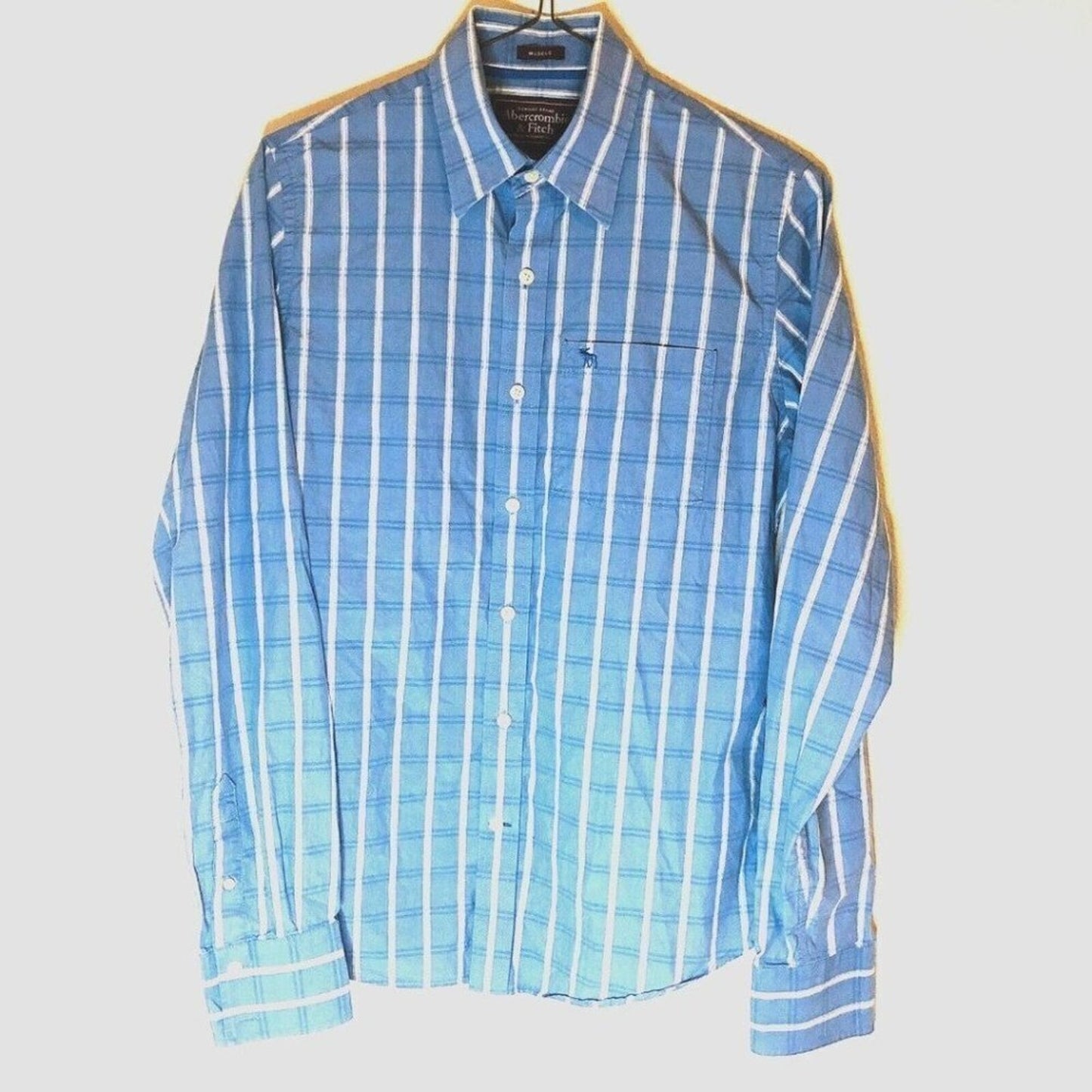 Abercrombie & Fitch Button Front Shirt Mens M Muscle Blue Stripe Logo on Pocket