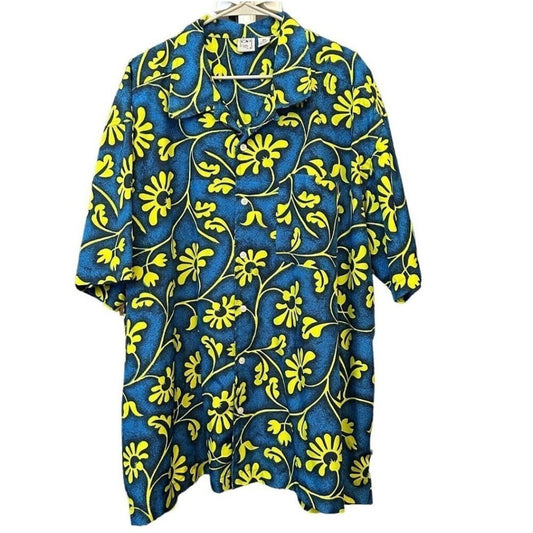 OP, Ocean Pacific Blue / Neon Green Floral Hawaiian S/S Shirt Size 4X , #1171