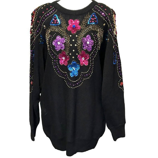 Here's A Hug Vintage Black Sweater Size L Embroidered Beaded Sequin Floral Ramie