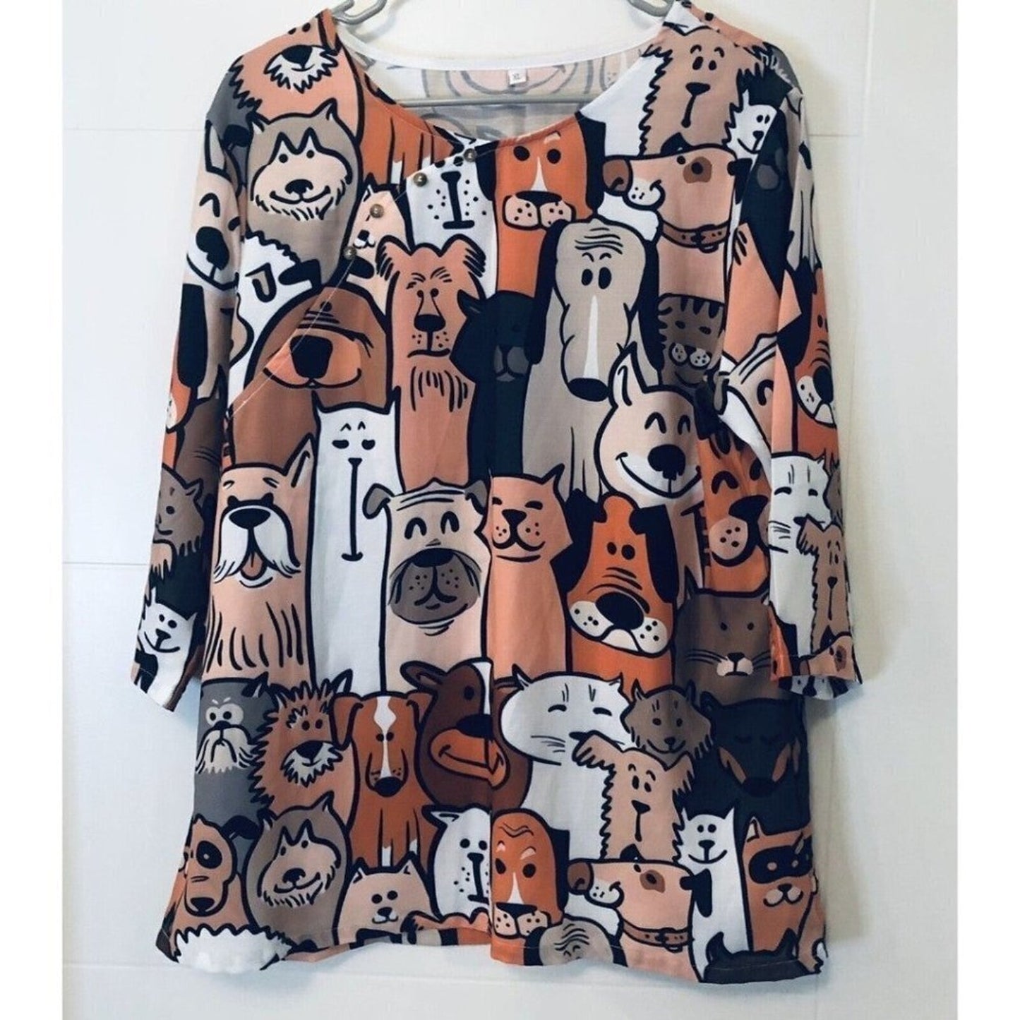 Dog and Cat Doodle Pattern Women's Fashion Blouse Size (XL) #BH