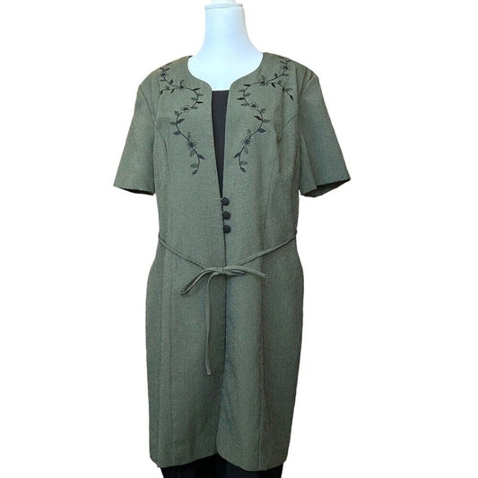 Miss Dorby Dress Vintage Houndstooth Floral Embroidered Olive Size 12  #HS