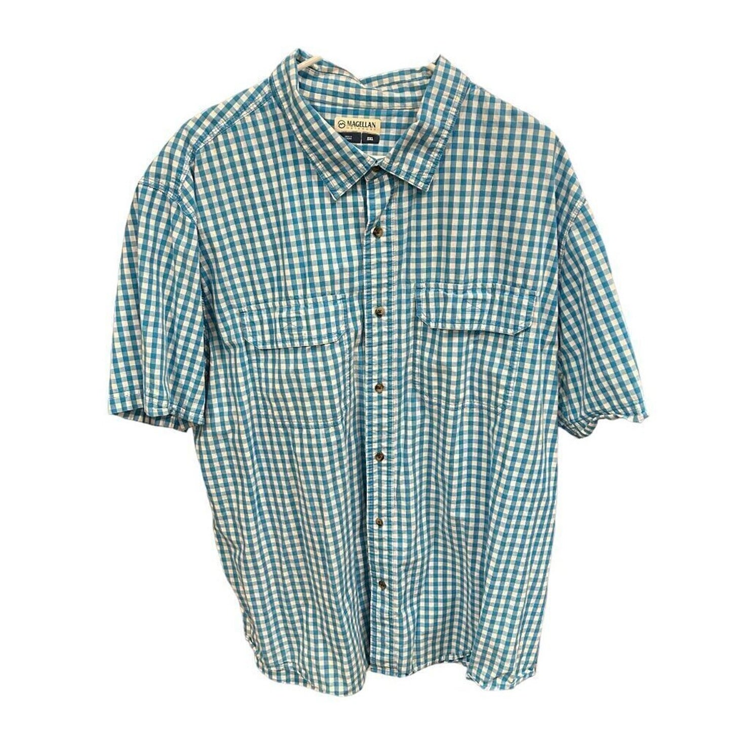 Magellan Outdoors, Men's Shirt Size 2XL, Aqua Blue, Gingham, Short Sleeve #M1396