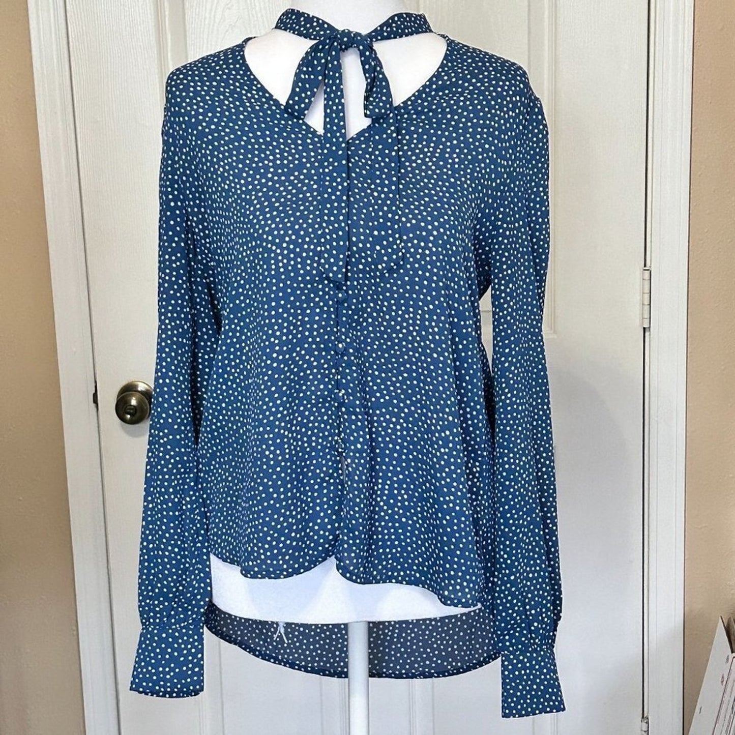 Lulus On The Spot Polka Dot Blue White Women's Blouse Size S #H1499