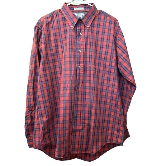 All American Men's Button Down Shirt Size L Red / Green Plaid Lg Sleeve #K1357