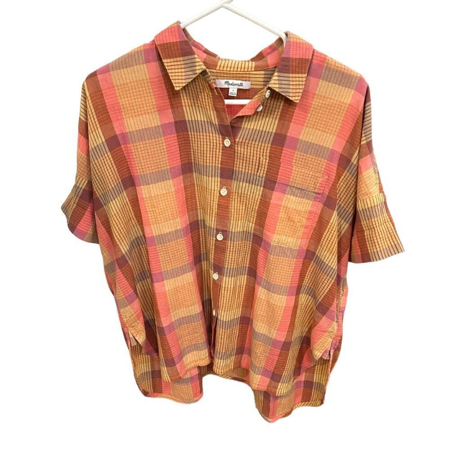 Madewell Women's Plaid Top Size Small, Mira Short Sleeve Orange Button Up #M1364