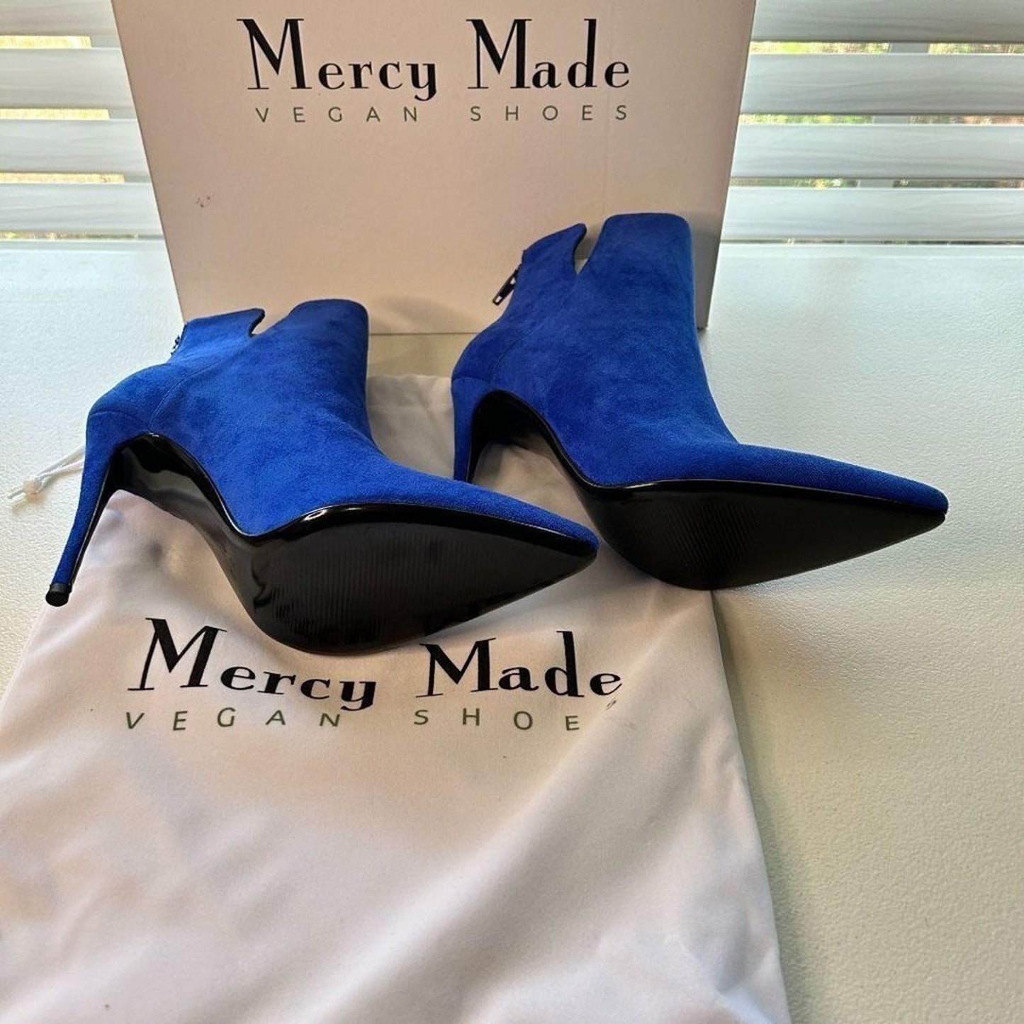 Mercy Made Vegan Women's Elsie Stiletto Ankle Boots Size 7.5, Blue, NEW in Box