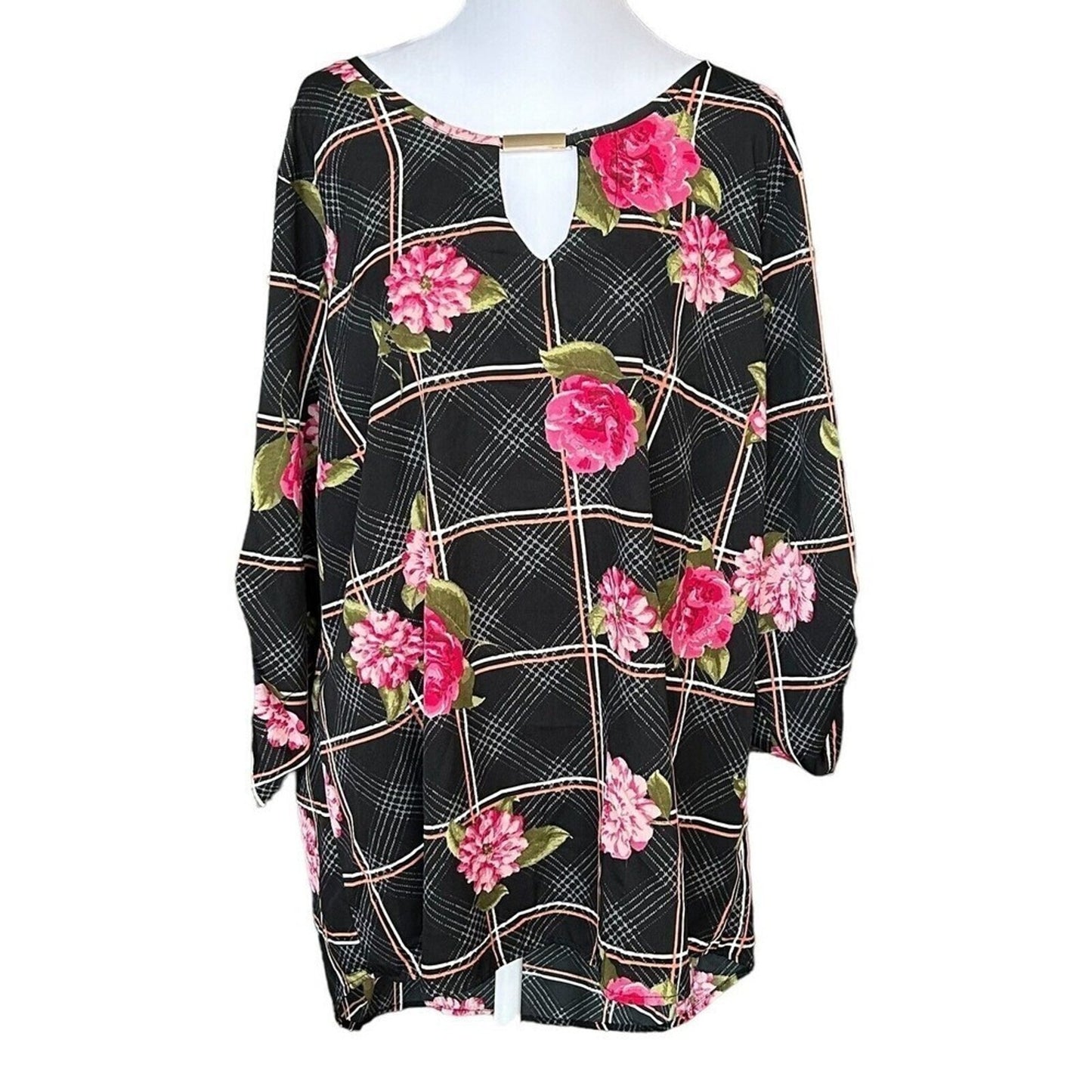 Mileage Women's High/Low Tunic Blouse Size 2X Black / Pink Floral #K 1296