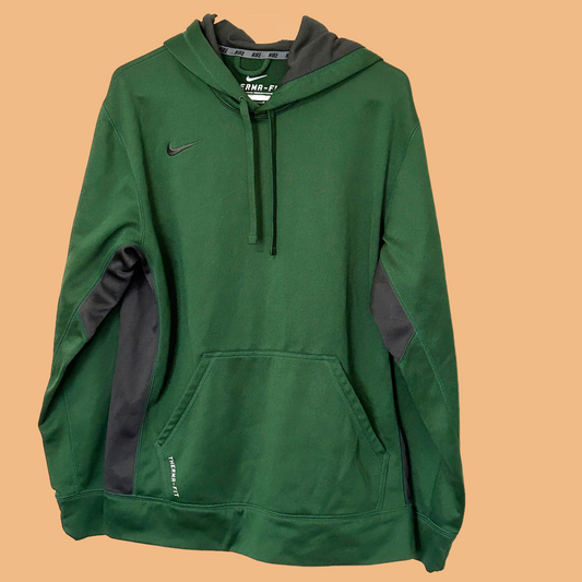 a green sweatshirt with a black and grey hoodie