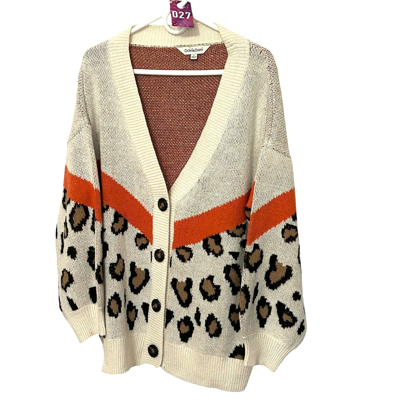 Davi & Dani Cardigan Sweater Mens Sz. (L) Leopard Print Orange Heavy Grandpacore