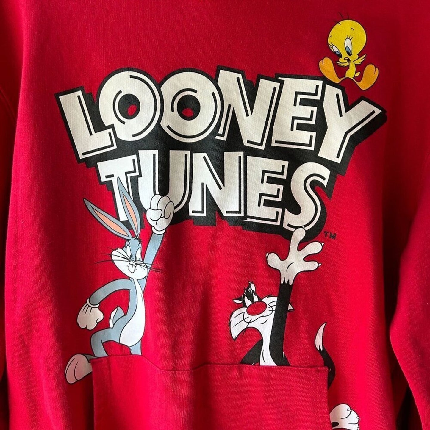 Looney Tunes Junior Red Hoodie Sweatshirt Size M 7-9 Tweety Bugs Bunny #K-1582