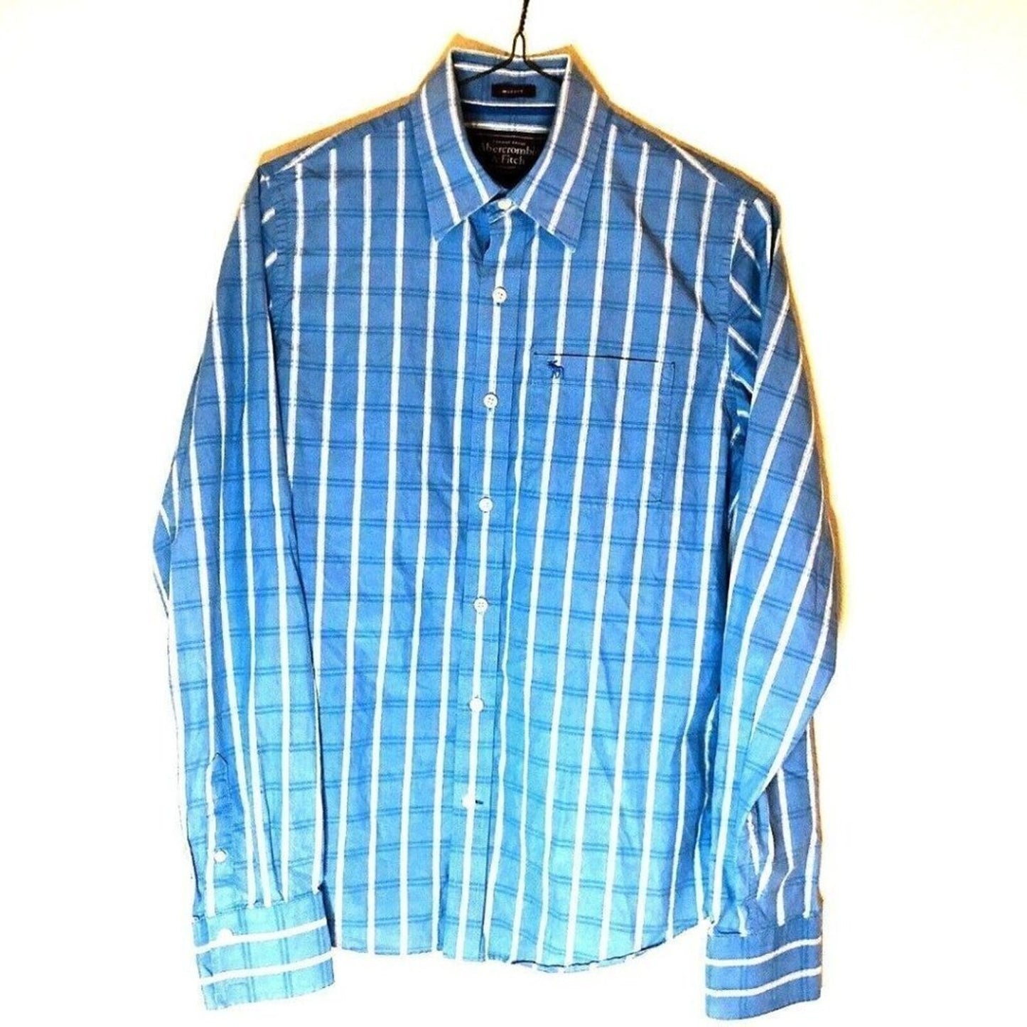 Abercrombie & Fitch Button Front Shirt Mens M Muscle Blue Stripe Logo on Pocket