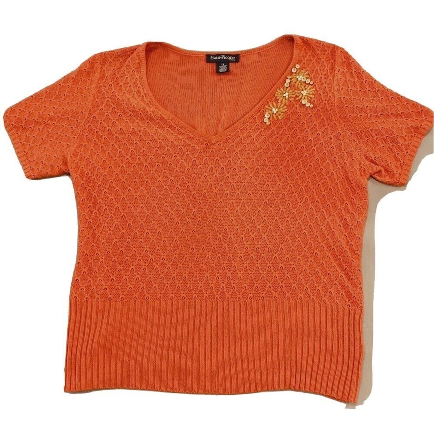 Evan Picone Short Sleeve Sweater Size 1X Embroidered Front-Orange/Wood Beads