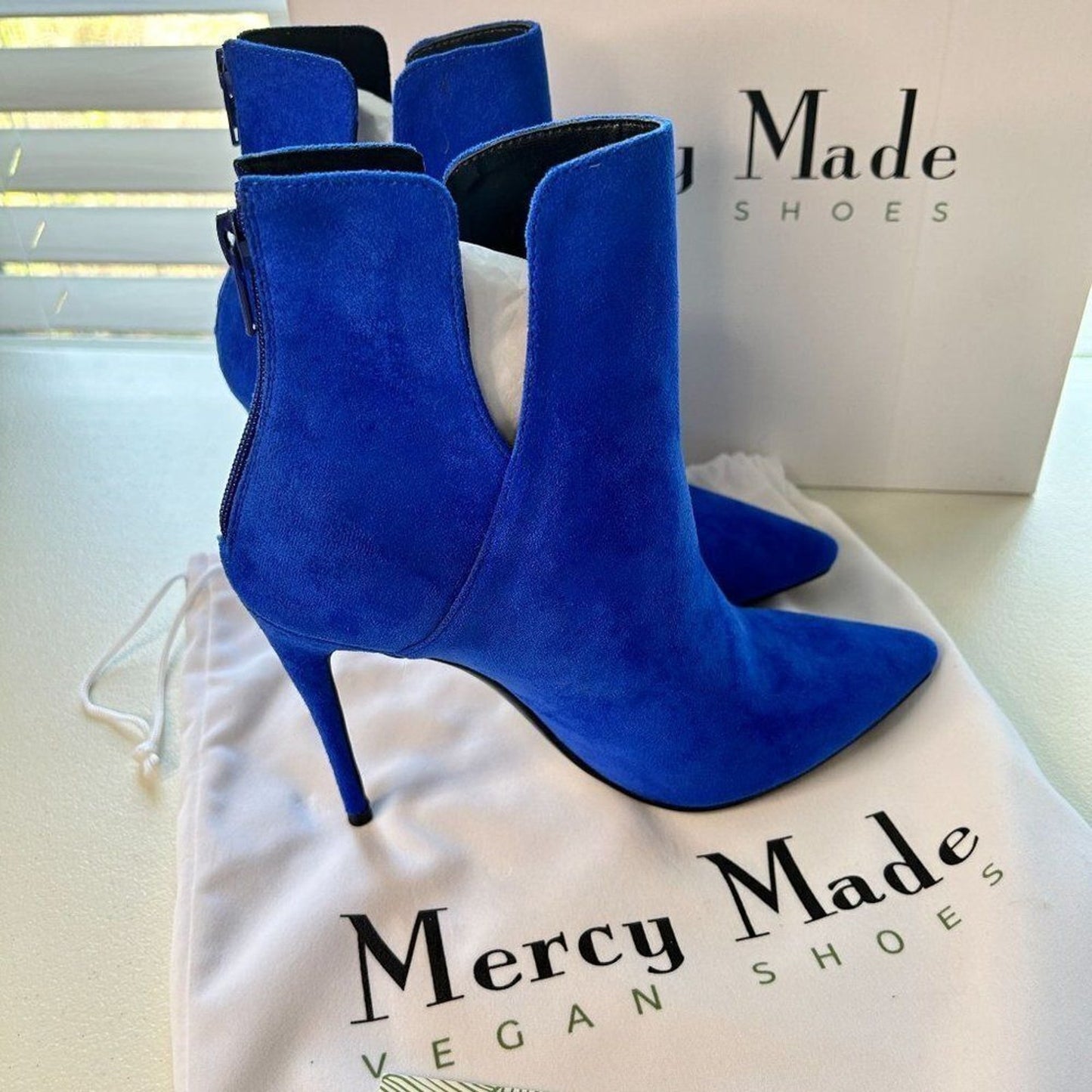 Mercy Made Vegan Women's Elsie Stiletto Ankle Boots Size 7.5, Blue, NEW in Box