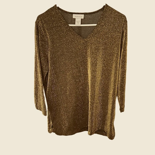 Avenue Womens Blouse Metallic Sz 14 / 16 Gold Shimmer Tunic 3/4 SL #L1343