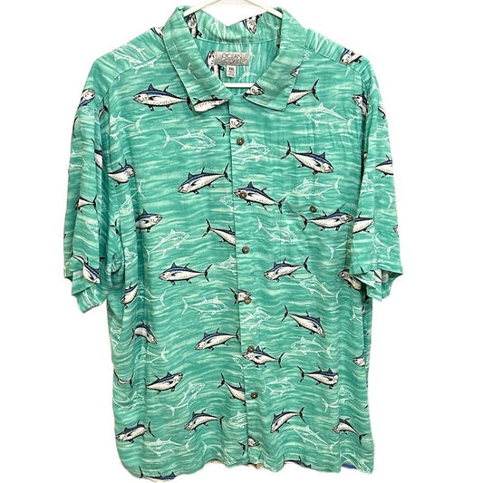 Ocean Coast Mens Shirt Fish & Sharks  SZ. XXL Sht. Sleeve Green #M1392